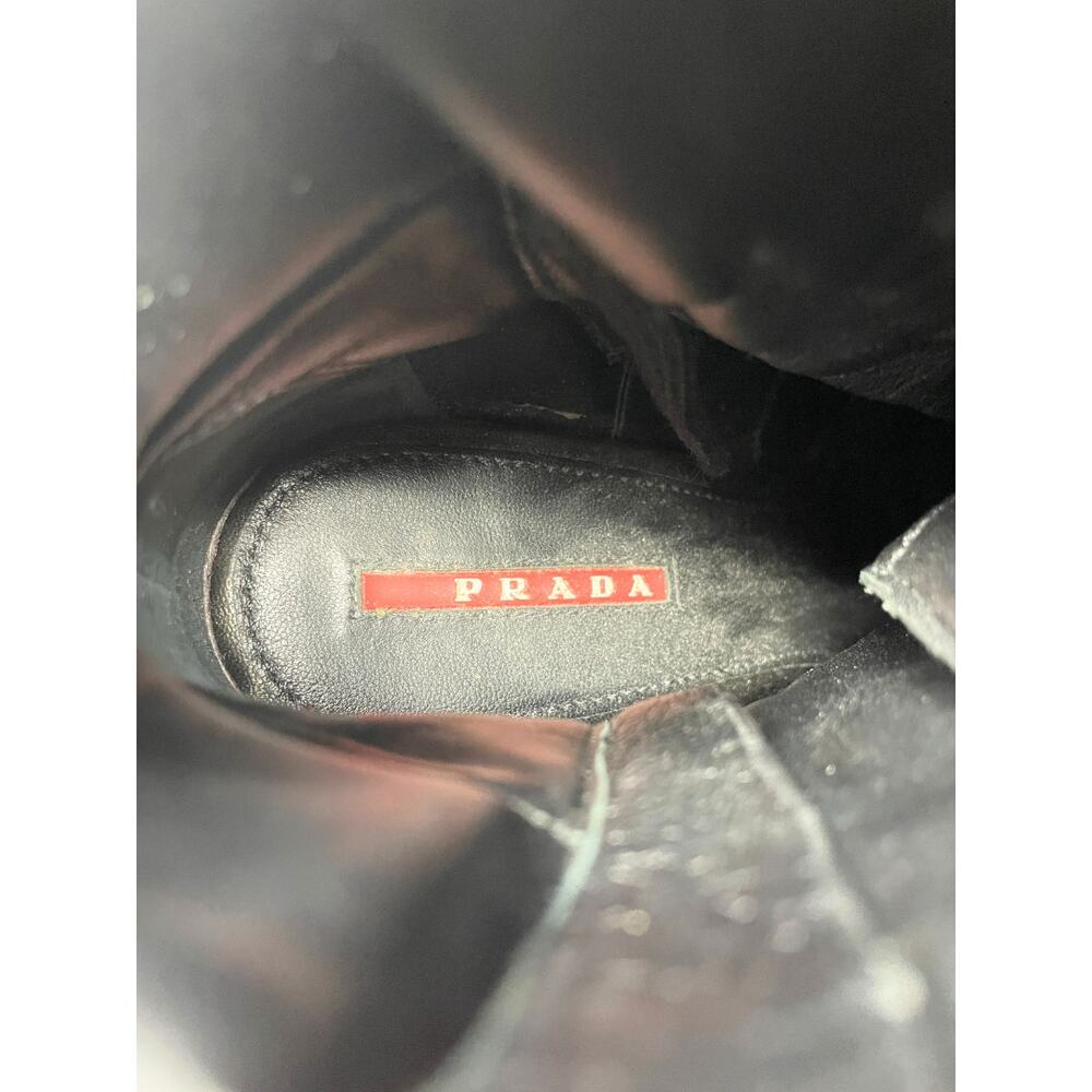 Prada Boots Moto Combat LOGO Ankle Lug Sole Platform Heels‎ Black Shoes 38.5 - Picture 8 of 11